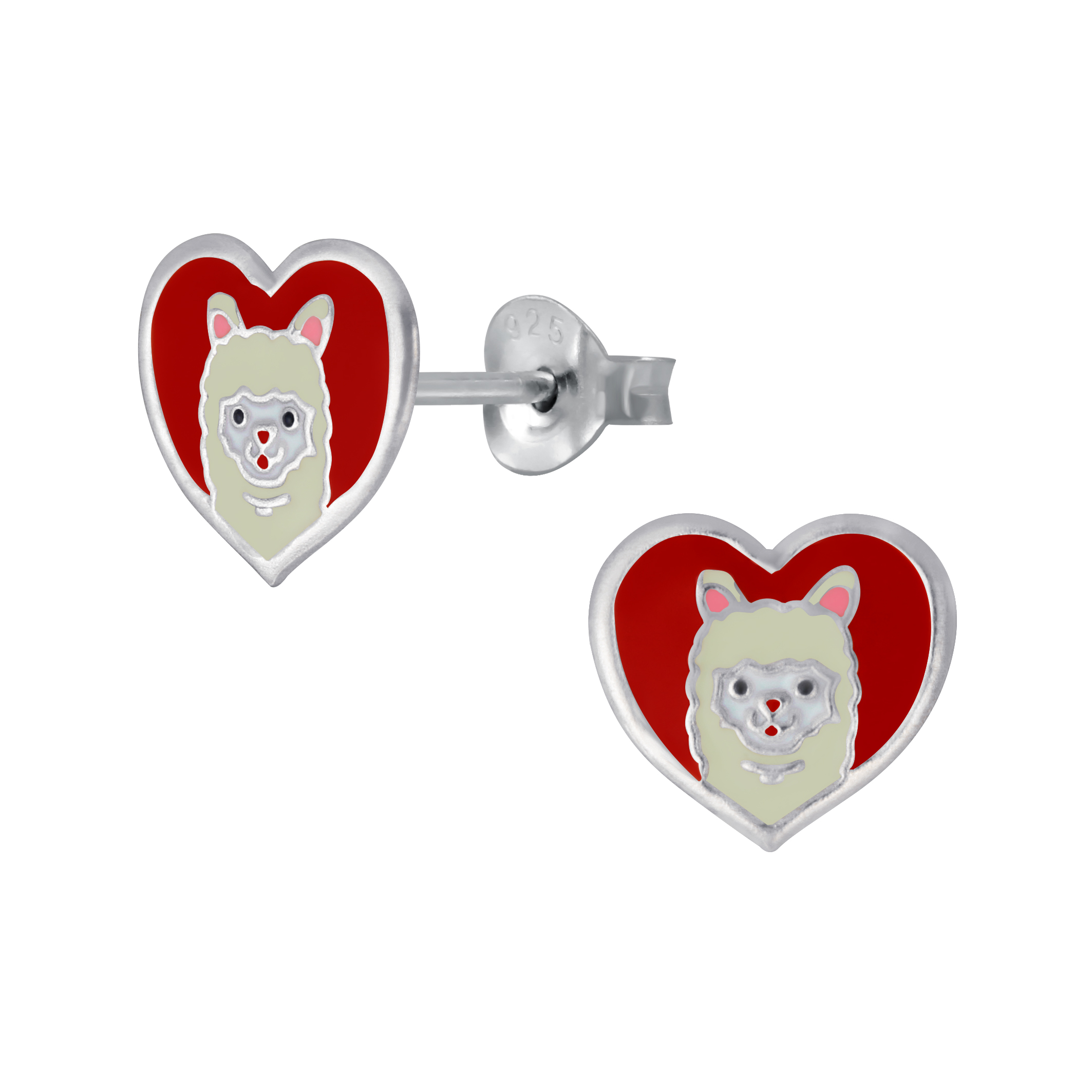 Llama in red heart nickel-free sterling silver stud earrings