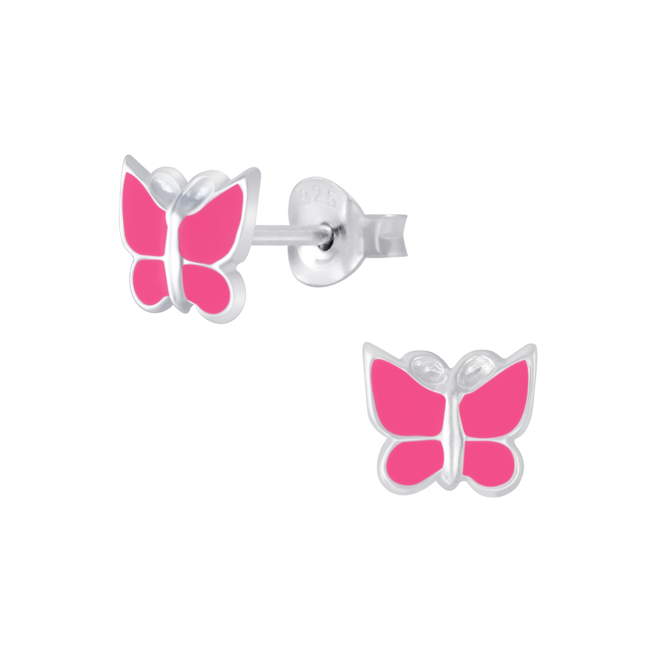 bright pink enamel and nickel-free sterling silver butterfly post earrings