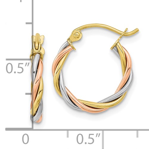 tri-color 10K gold petite hoop earrings with ruler