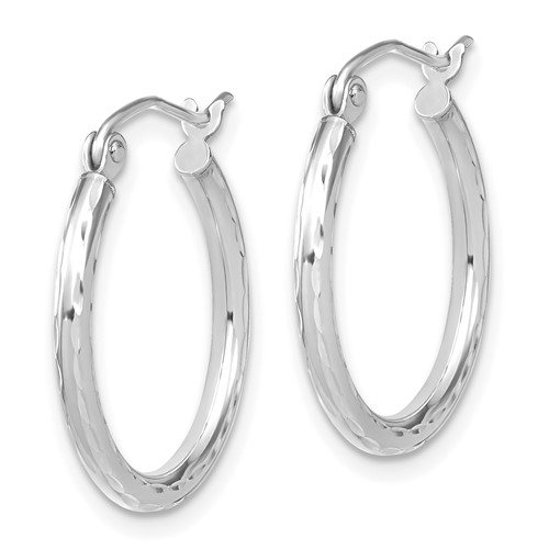 front view of textured 10k white gold hoop earrings