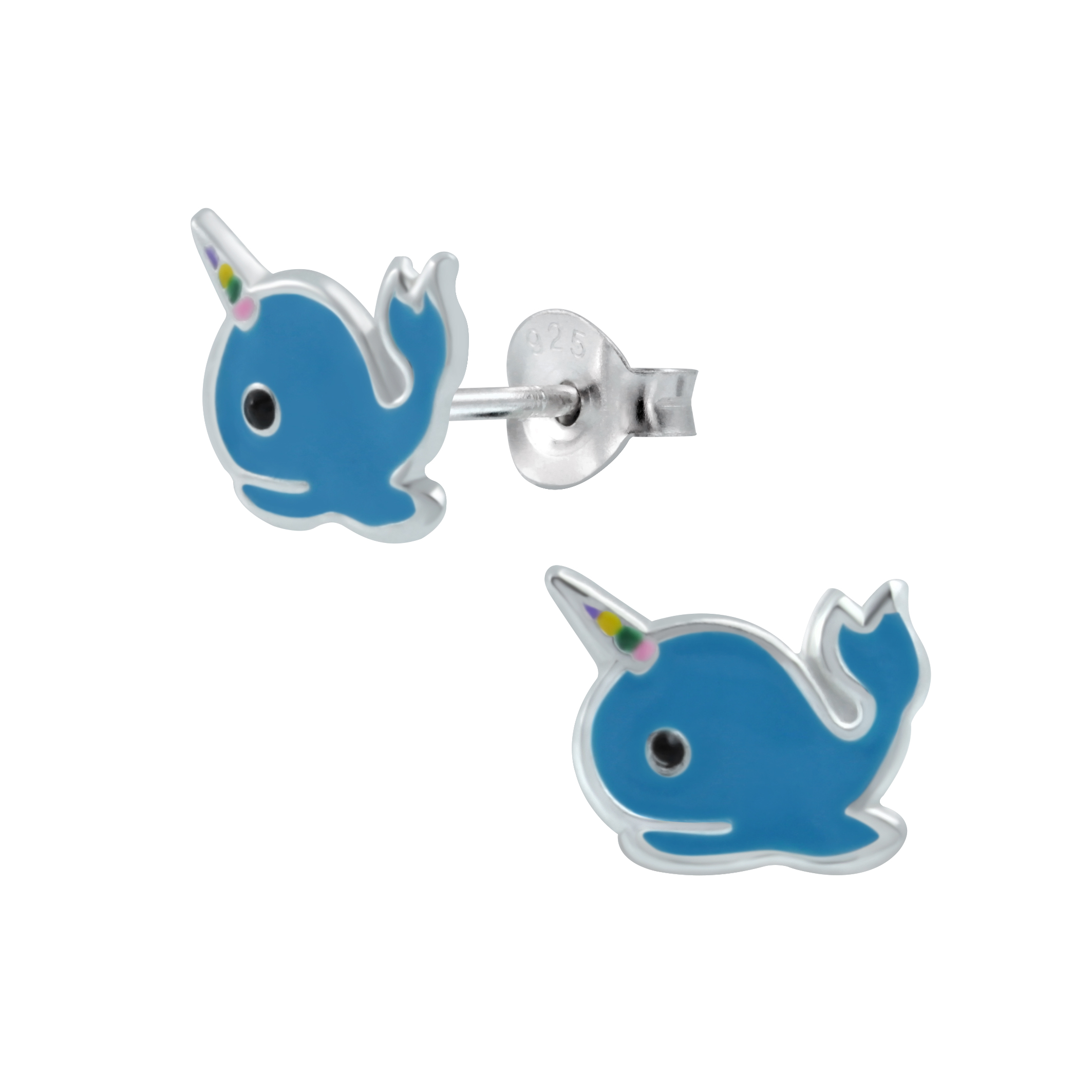 blue enamel narwhal and sterling silver post earrings