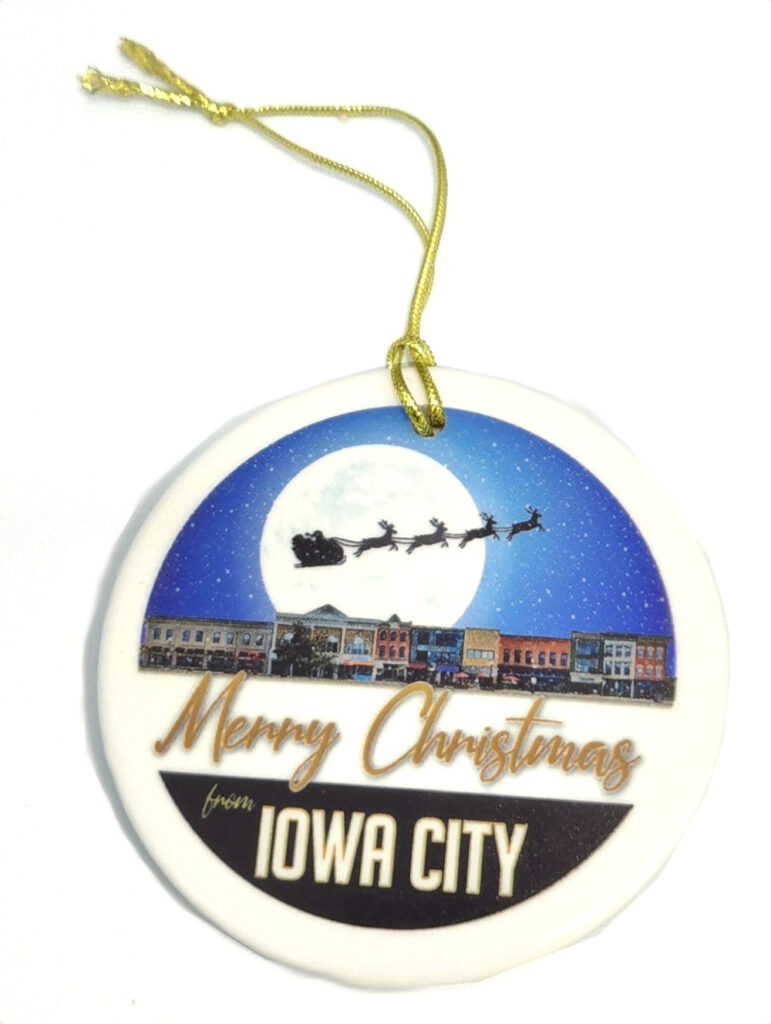 Merry Christmas from Iowa City Ceramic Ornament with Santa over