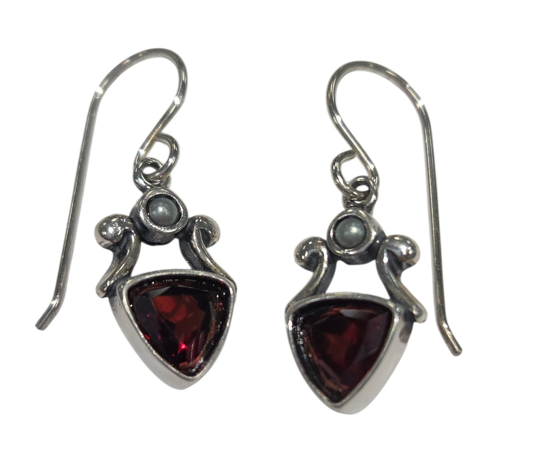gray pearl and red garnet earrings