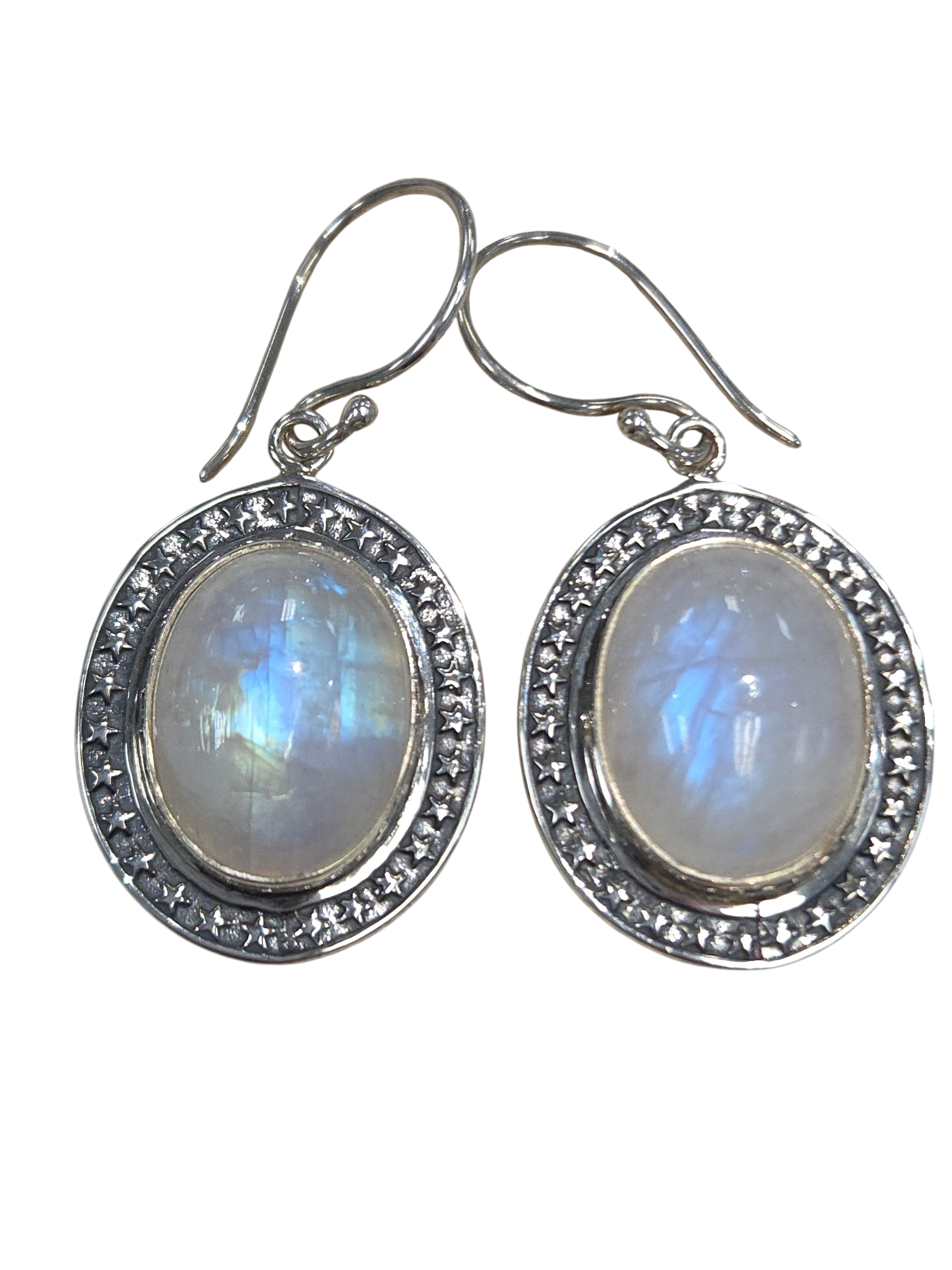 large oval rainbow Moonstone earrings with star details