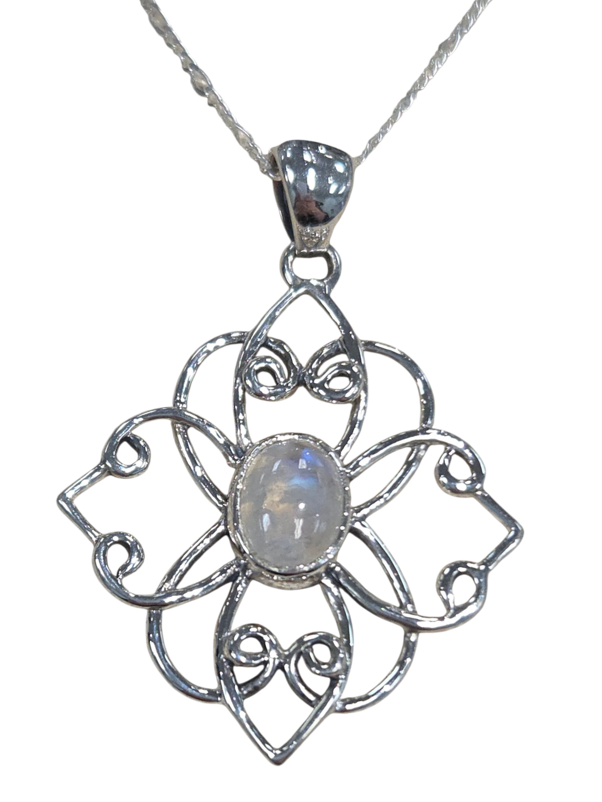 filigree and sterling silver rainbow moonstone necklace