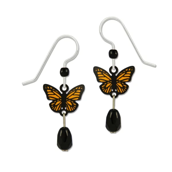 monarch butterfly earrings with black faceted glass bead drop