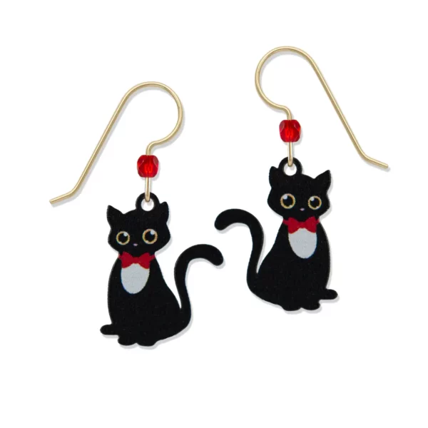 black cat with red bow tie earrings