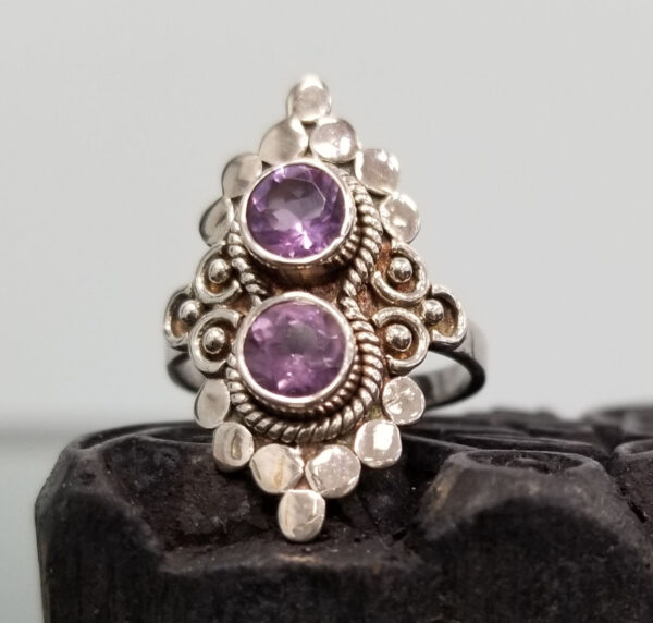 Purple amethyst two stone sterling silver ring