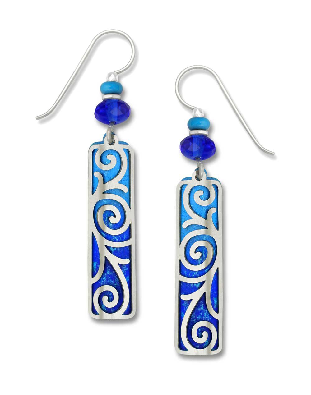 blue column earrings with spiral pattern