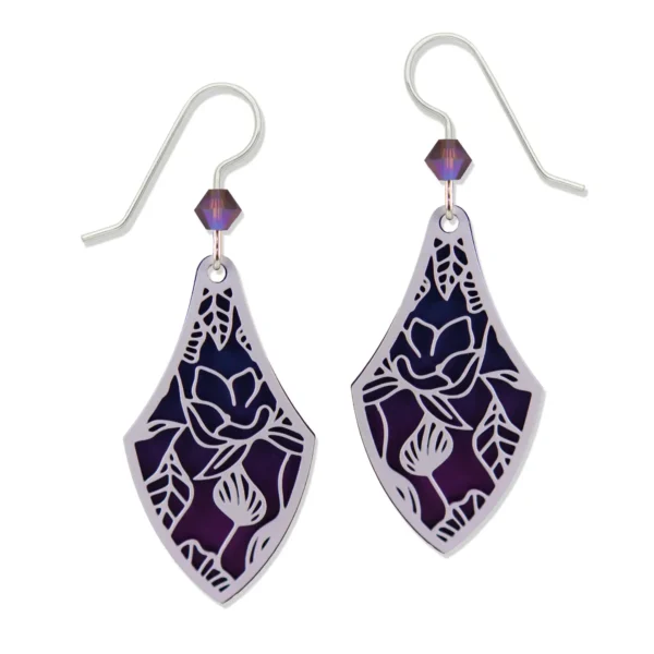 pointed drop purple flower earrings