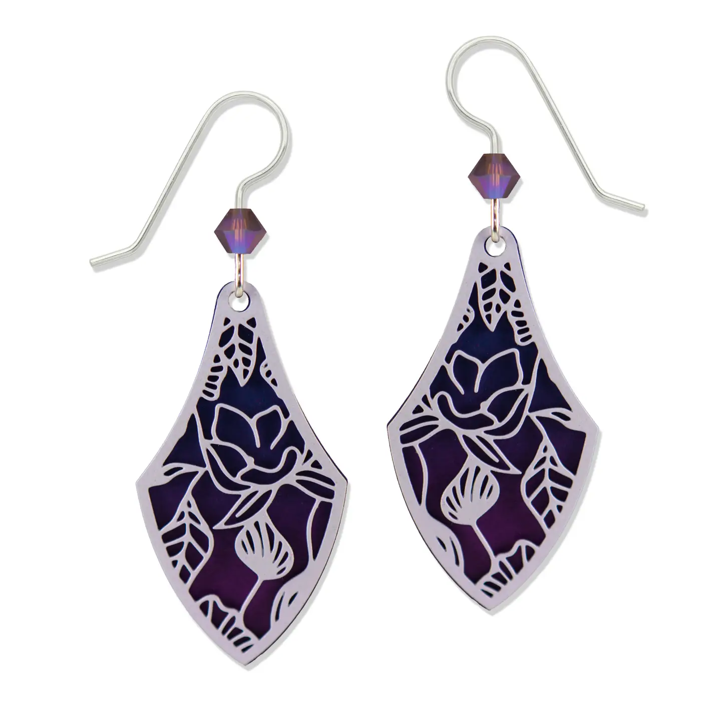 pointed drop purple flower earrings