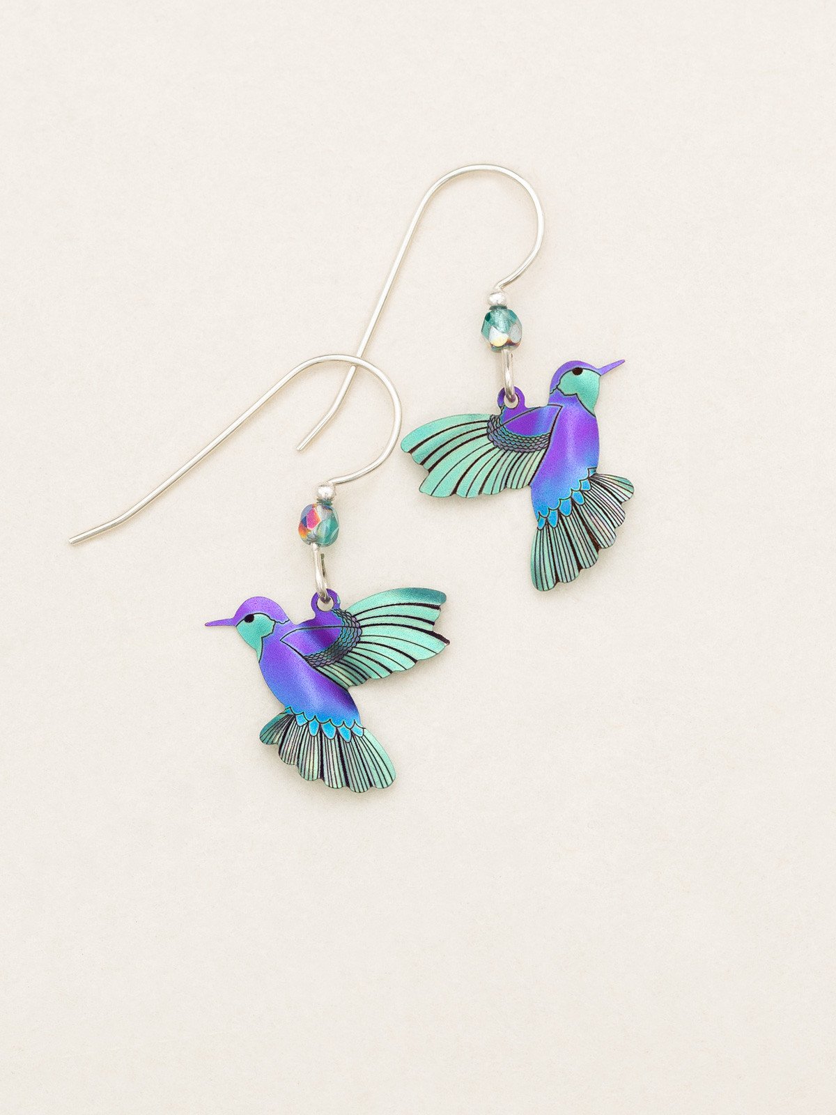 teal and purple hummingbird earrings by Holly Yashi Jewelry