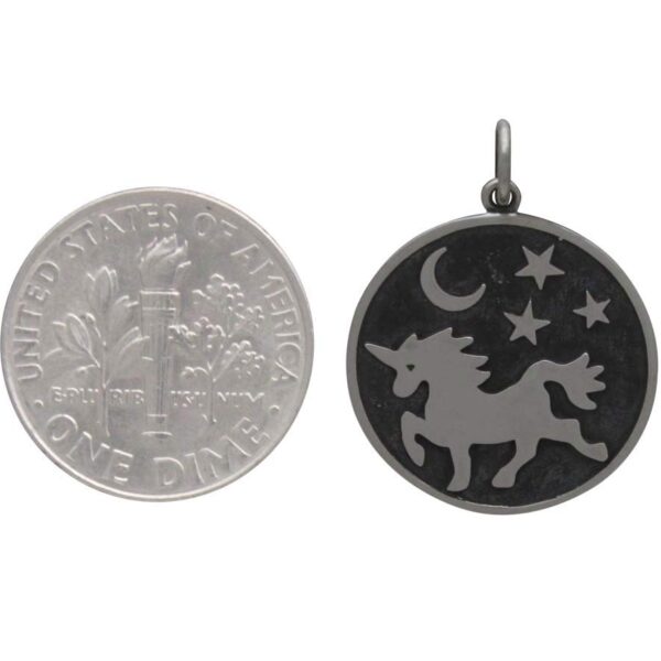unicorn at twilight sterling silver charm pendant with dime to help gauge scale