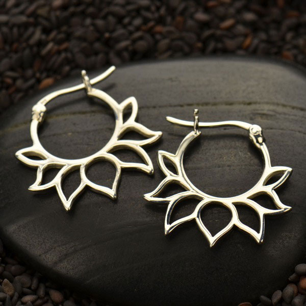 Lotus flower hoop earrings in nickel-free sterling silver