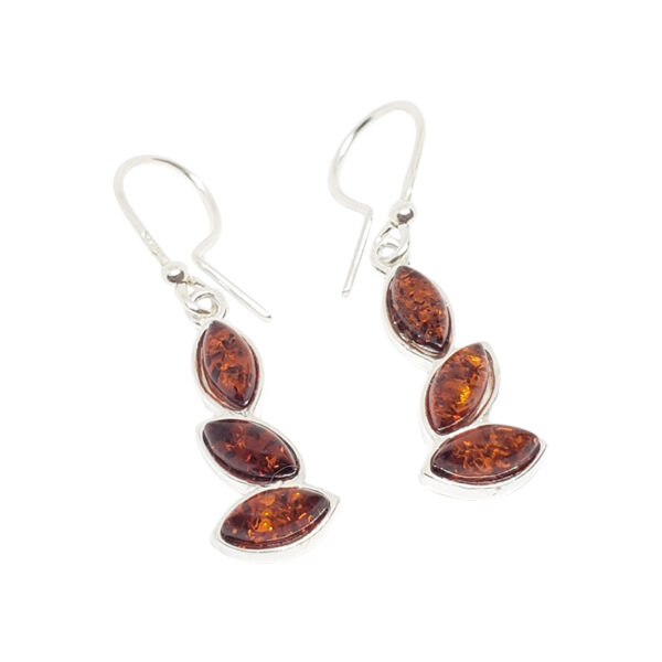 Baltic amber three stone dangle earrings in sterling silver