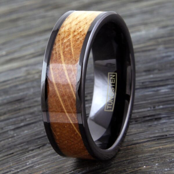 Whiskey barrel oak inlay in black tungsten ring
