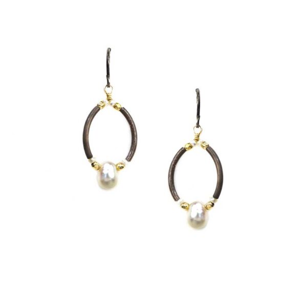 fresh water pearl drop earrings with black oxidized silver and 14K gold-fill accents