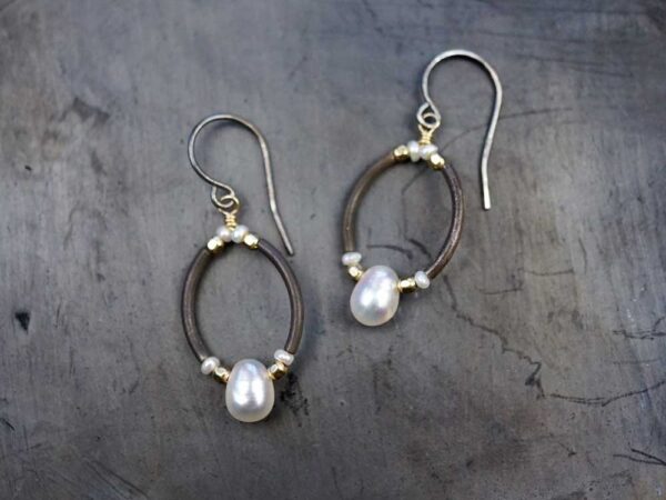 fresh water pearl drop earrings with black oxidized silver and 14K gold-fill accents