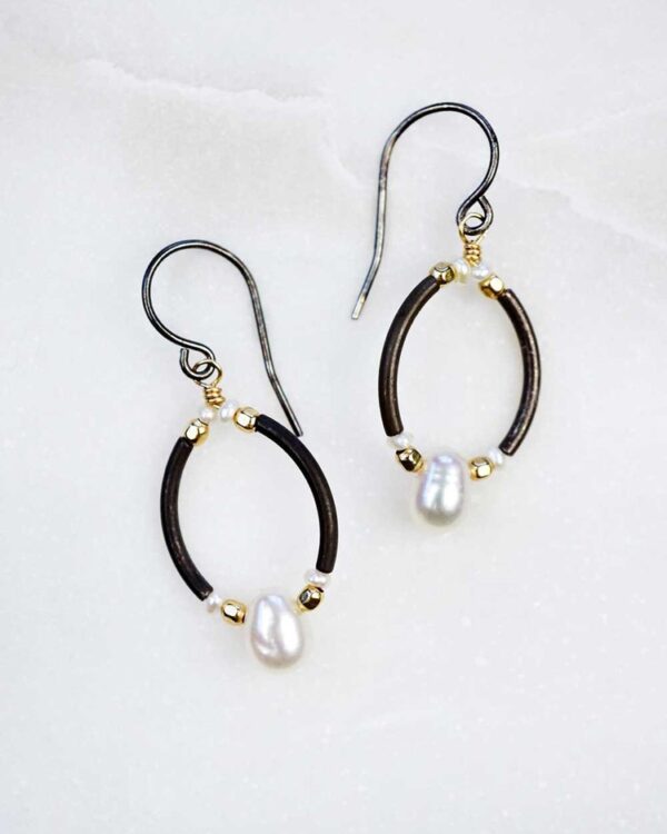 fresh water pearl drop earrings with black oxidized silver and 14K gold-fill accents