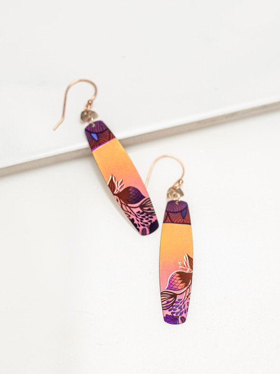 orange, pink, and purple, long tropical earrings by Holly Yashi