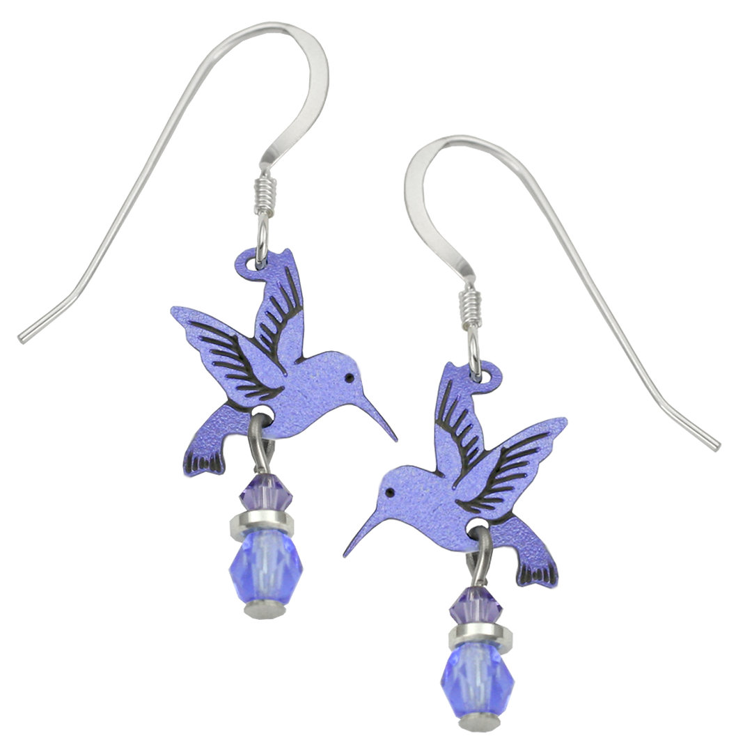 purple hummingbird earrings with beaded accent