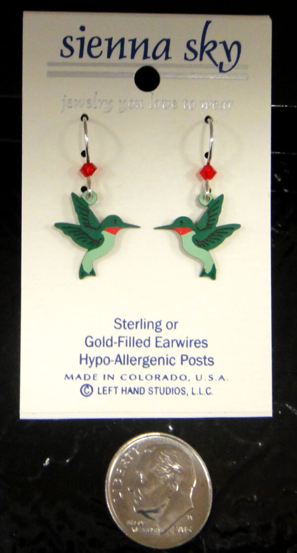 Hummingbird earrings with dime to help you judge scale