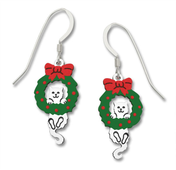 Cat in wreath Holiday earrings with sterling silver earwires
