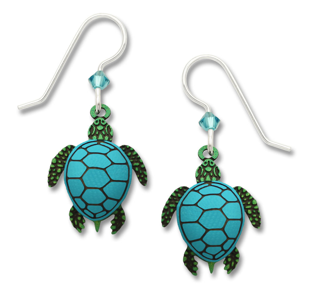 green and blue sea turtle earrings with sterling silver ear-wires