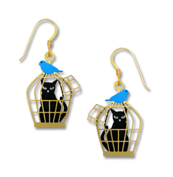 black cat in birdcage earrings with free blue bird
