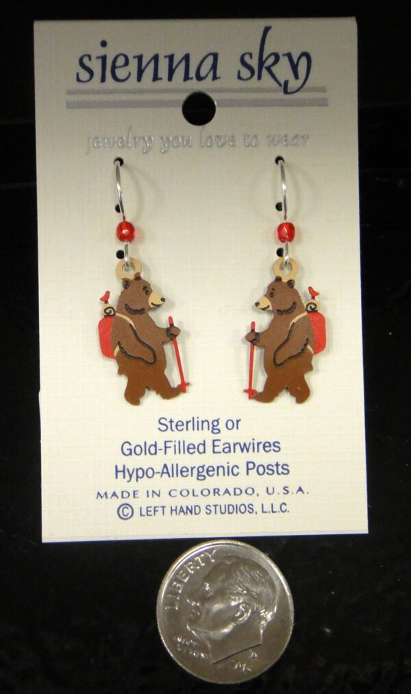 hiking bear earrings with dime for size comparison