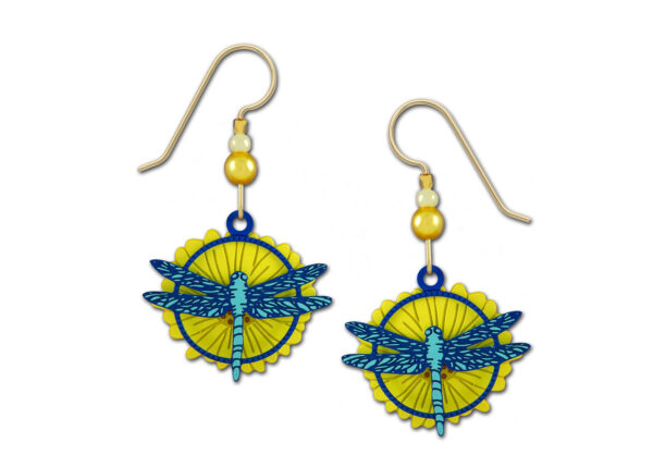 blue dragonfly over yellow sunflower earrings