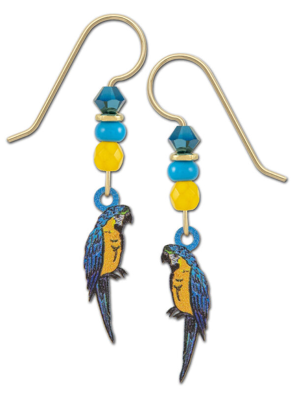 blue and yellow Macaw Parrot earrings by Sienna Sky for Left Hand Studios