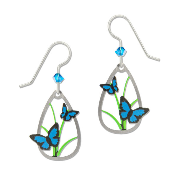 blue morpho butterfly drop earrings with sterling silver earwires