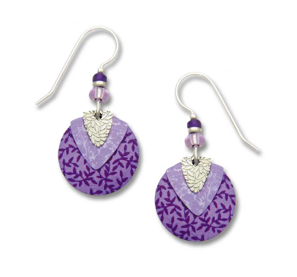 Adajio Earrings Purple Disc & Lavender Shield with Leaf Pattern Handmade in USA