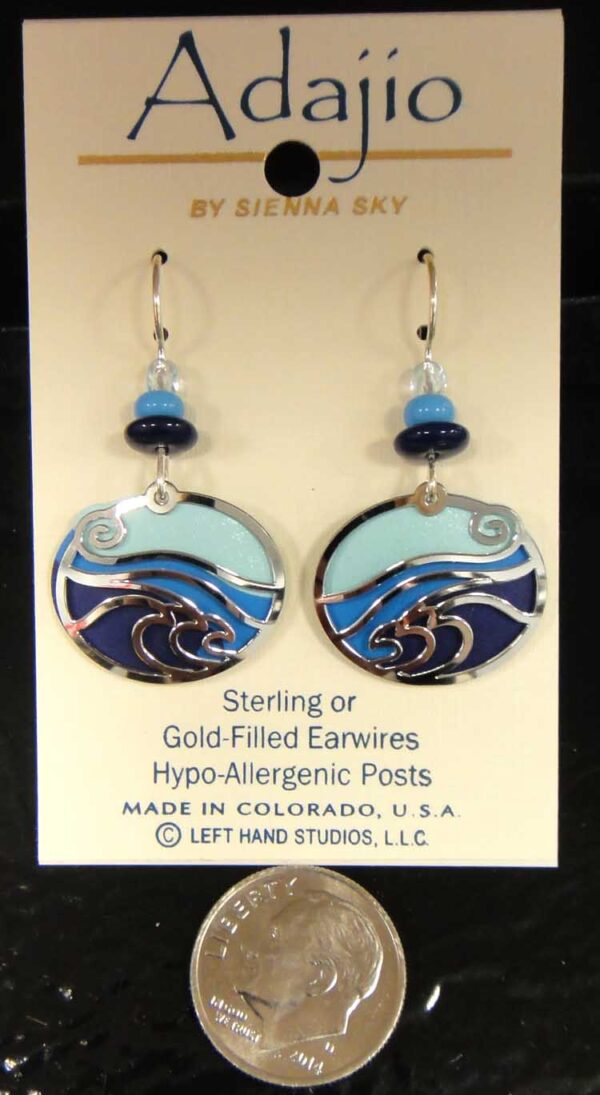 blue and silvertone waves Adajio earrings with dime
