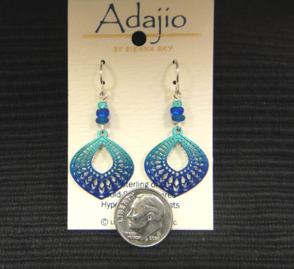 teal and blue filigree drop earrings with dime for size comparison