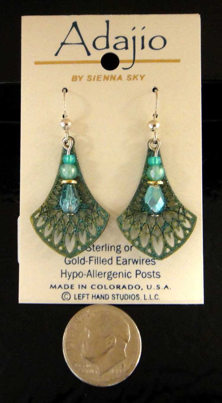 teal filigree earrings with dime for size comparison