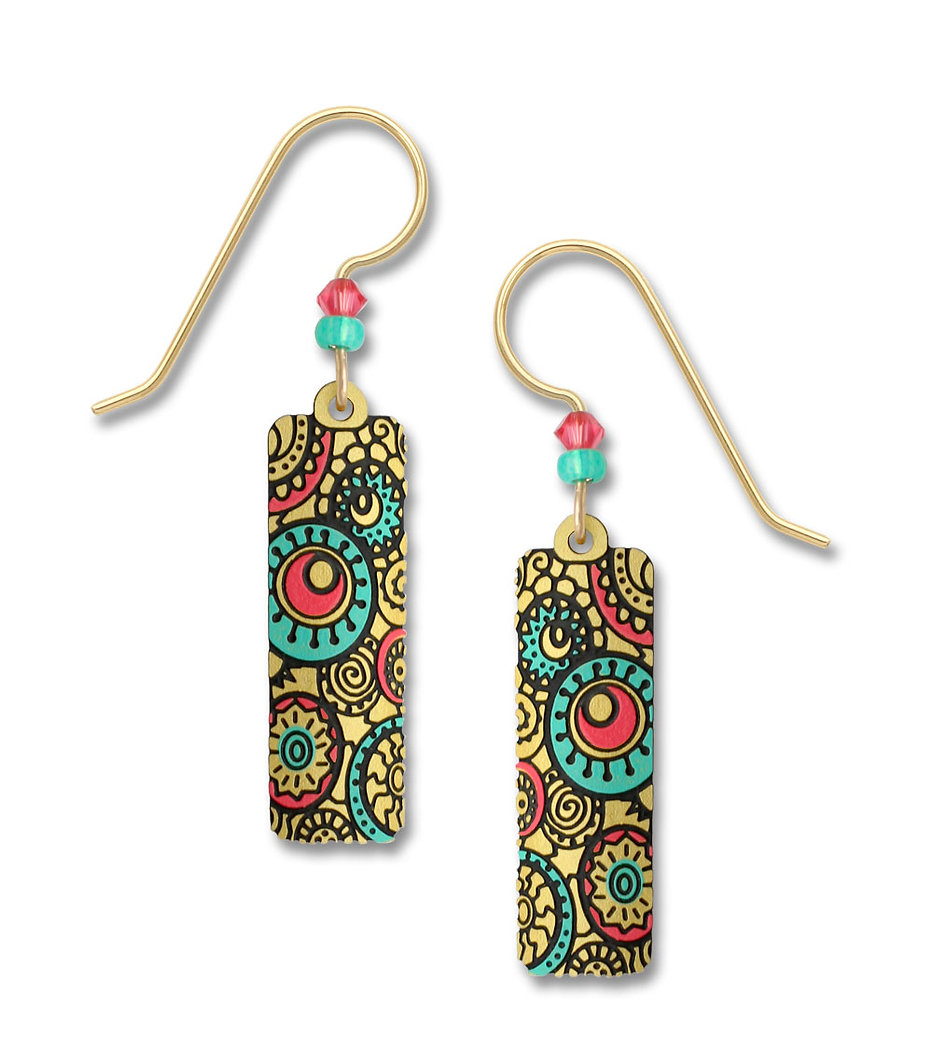 rectangle earrings with peach, teal, and yellow goldtone circle pattern