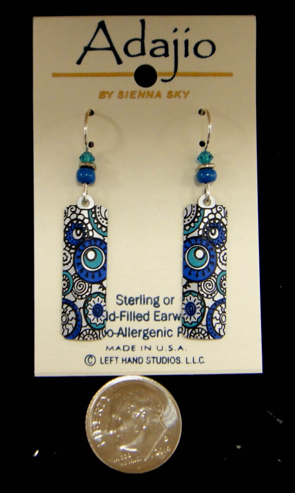 Dark blue, teal, and metallic gray earrings with dime for size comparison
