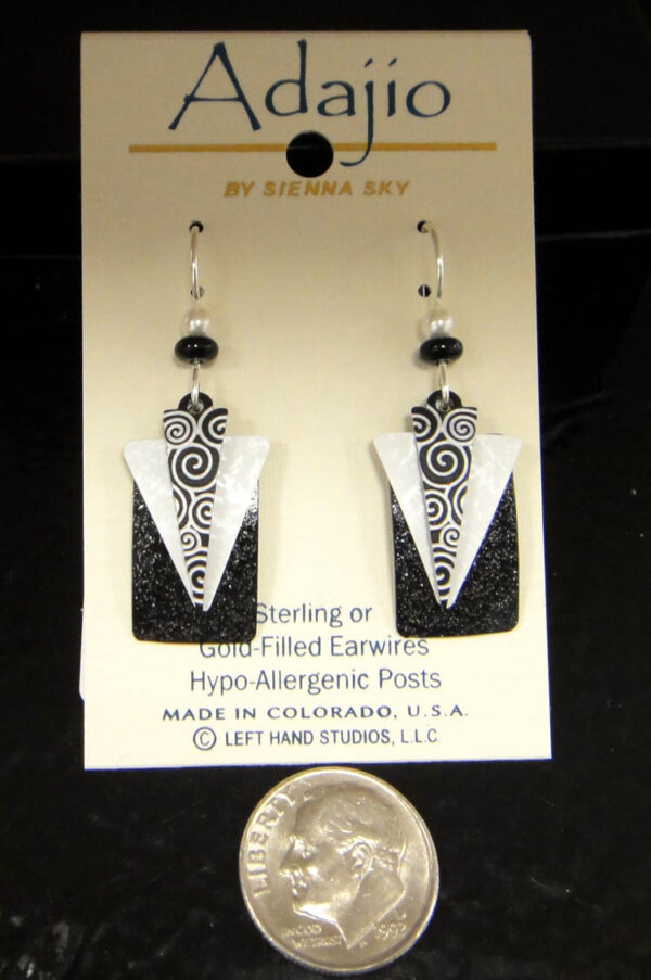 black and white Adajio earrings with dime to show scale