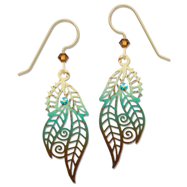 teal and brown cut-out leaf earrings with swirls
