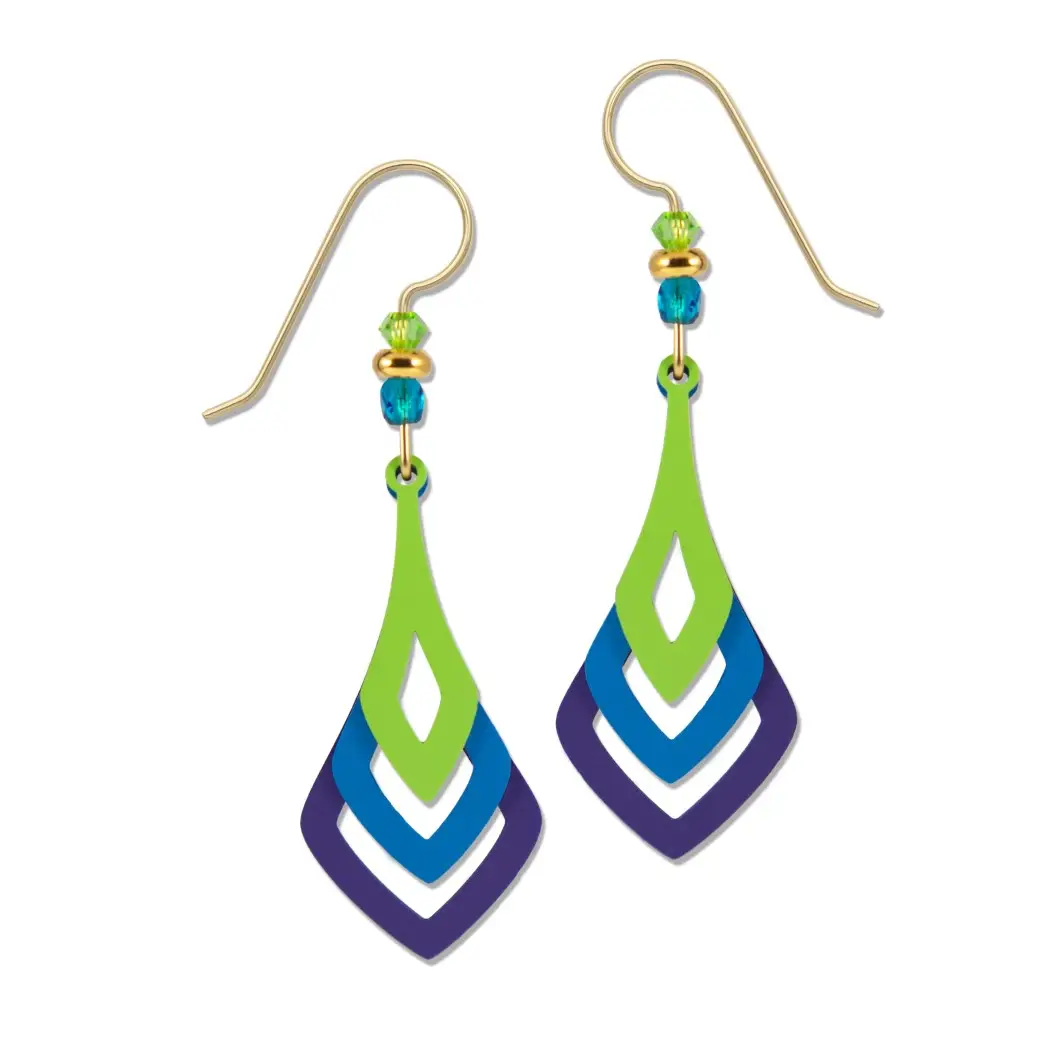 green, blue, and purple, pointed drop earrings