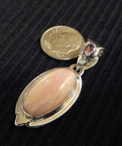 handmade purple amethyst, pink mango shell, and sterling silver drop pendant