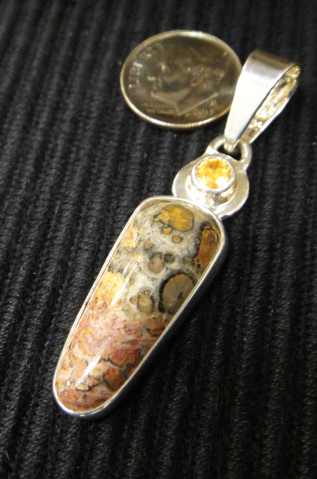 handmade yellow citrine, leopard skin jasper, and sterling silver drop pendant with dime for size