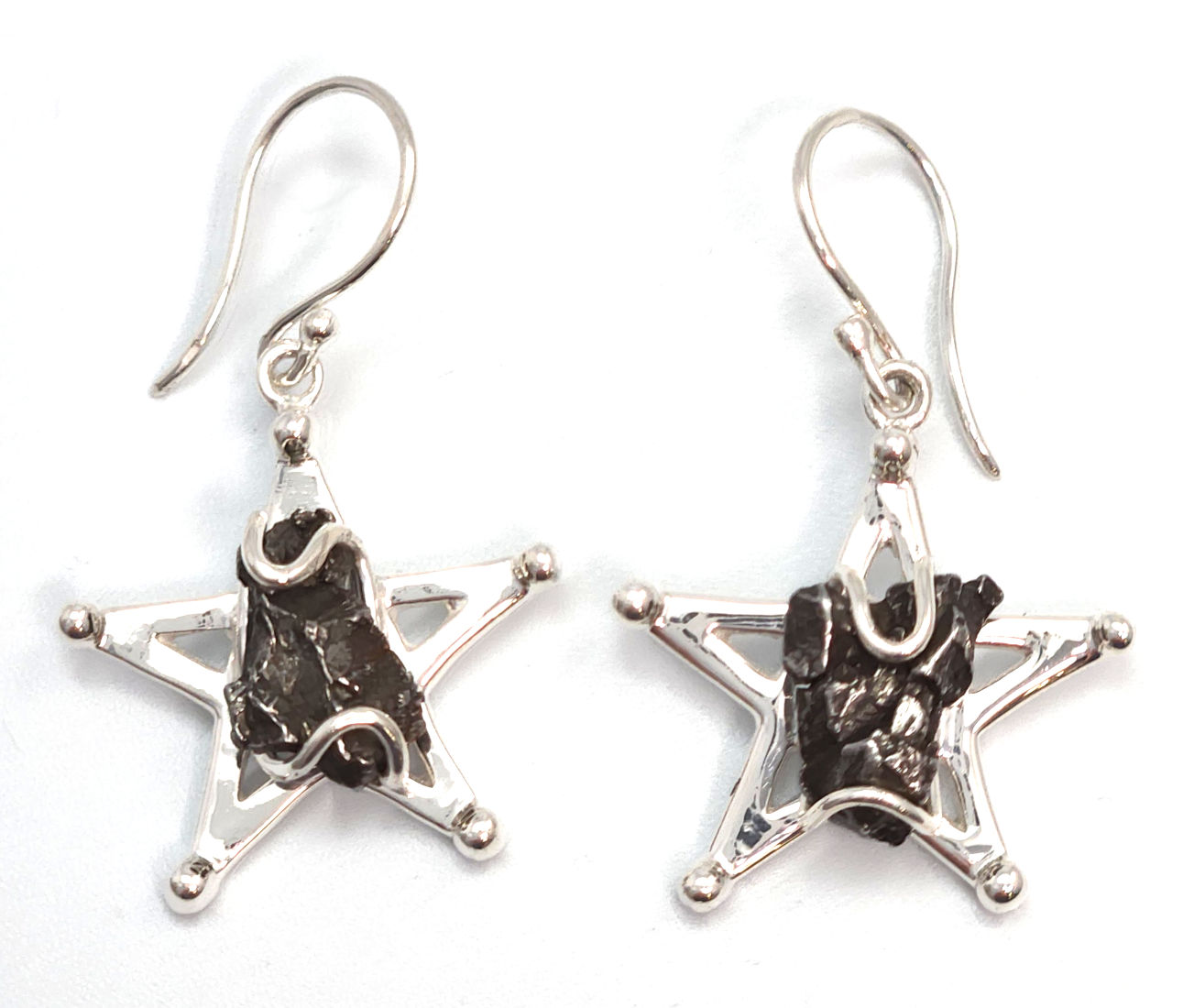 Campo Del Cielo Meteorite specimens on sterling silver star earrings by Starborn Creations