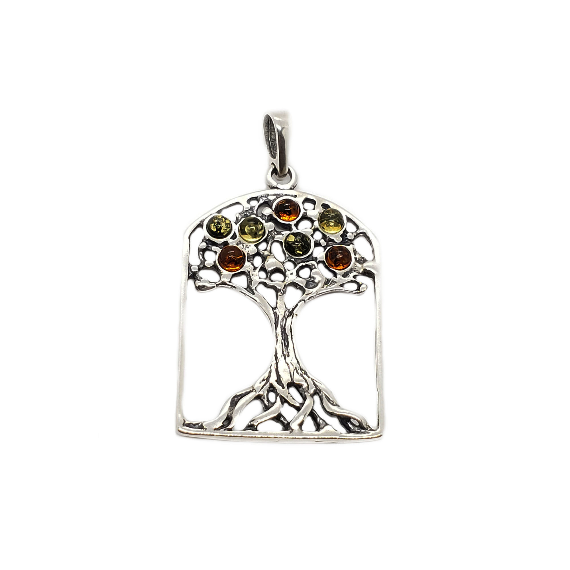 Multicolor Baltic Amber tree of life sterling silver pendant