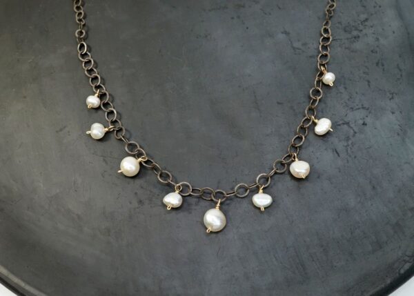 Oxidized silver, 14K gold-fill and fresh water pearl necklace
