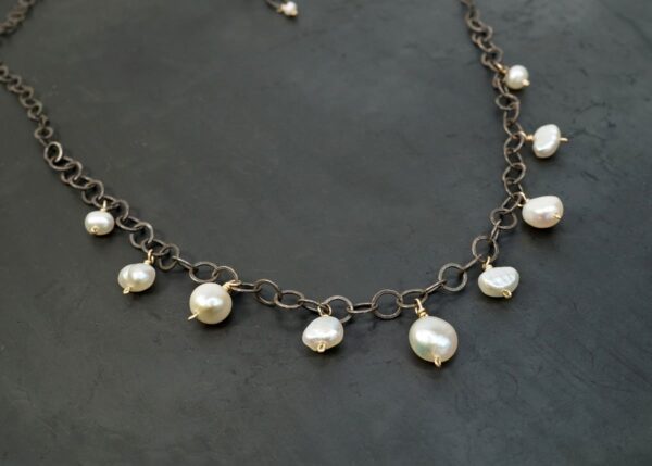 Oxidized silver, 14K gold-fill and fresh water pearl necklace