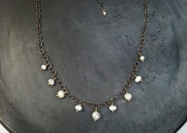 Oxidized silver, 14K gold-fill and fresh water pearl necklace