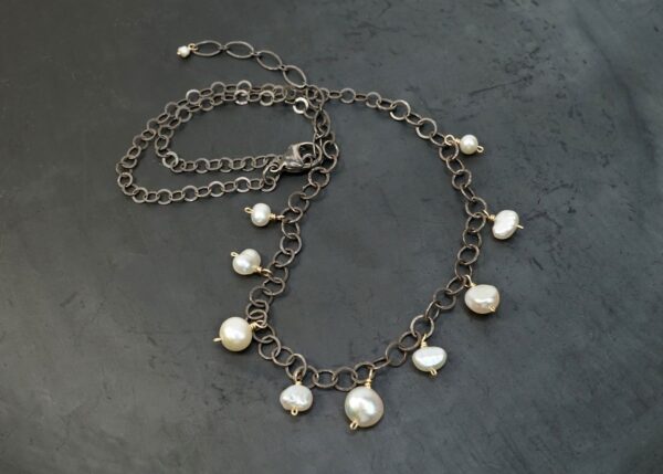 Oxidized silver, 14K gold-fill and fresh water pearl necklace